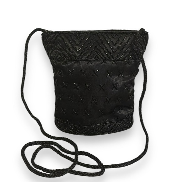 Vintage Handbags - Vintage Mini Evening Bag Beaded Satin Black